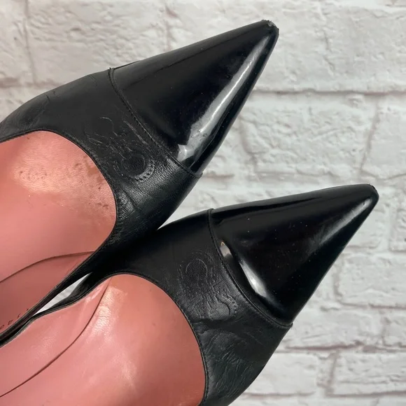 Salvatore Ferragamo Black Leather Logo Kitten Career Style Heels Size 10 - Picture 4 of 13